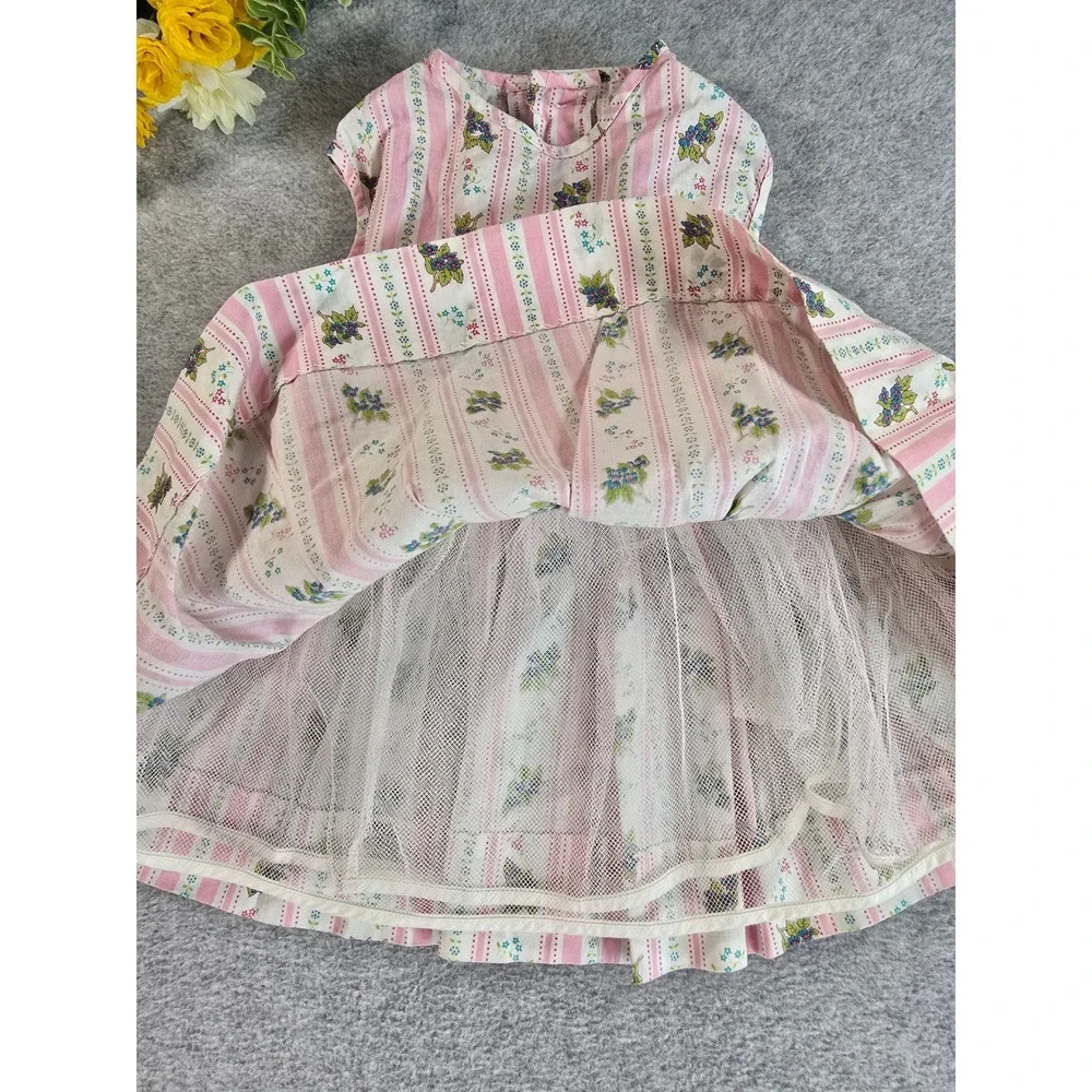 Vintage Handmade Dress Girls 2T Pink Floral Striped Tulle Lined Cotton 70s